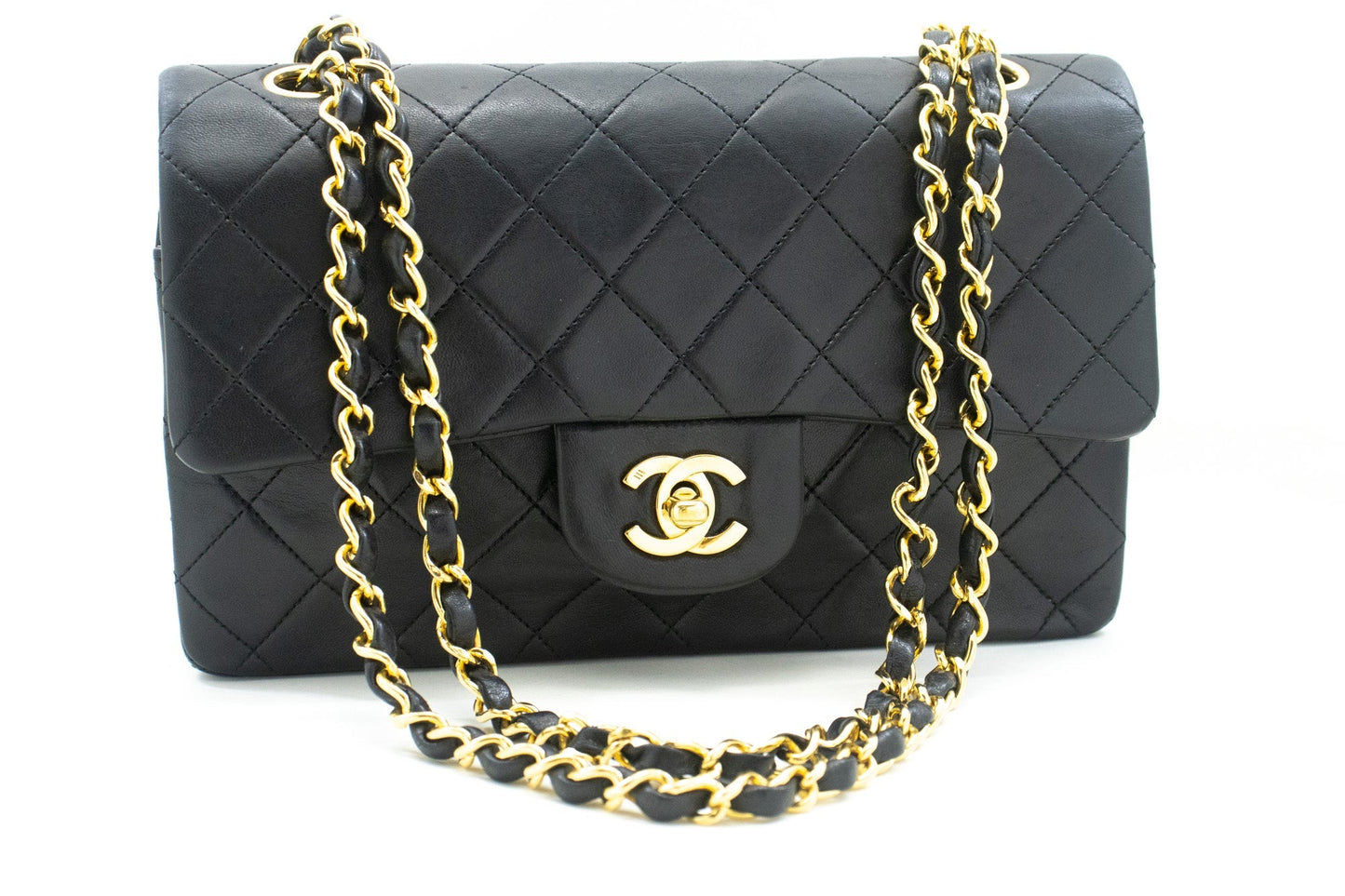 CHANEL Classic Double Flap 9" Chain Shoulder Bag Black Lambskin