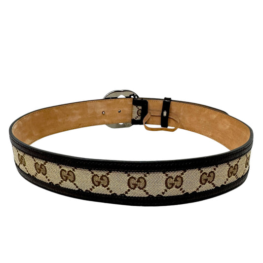 GG Supreme Leather Trimmed Interlocking G Buckle Belt Luxury Designer By Gucci In Brown Monogram Canvas/Leather, Size: Small