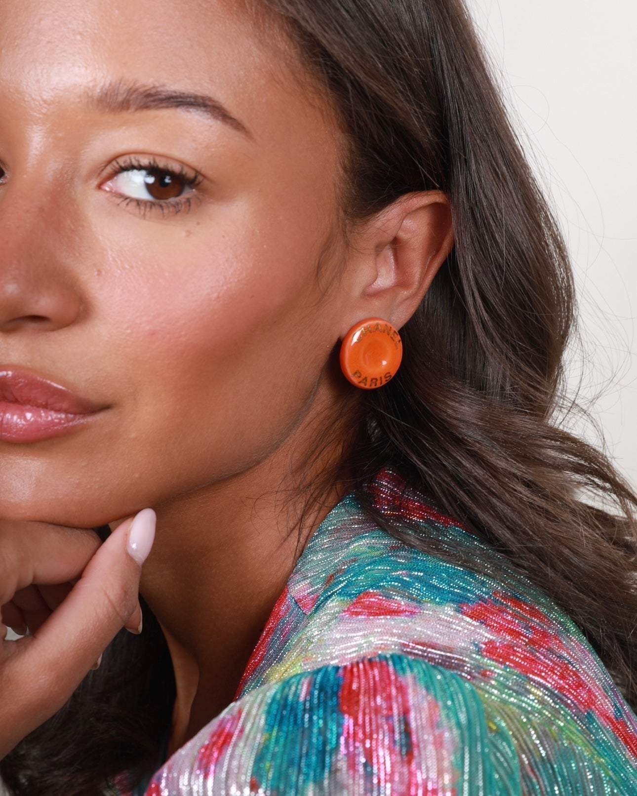 Chanel 97P Orange Round Gold Logo Printed Button Clip-On Earrings