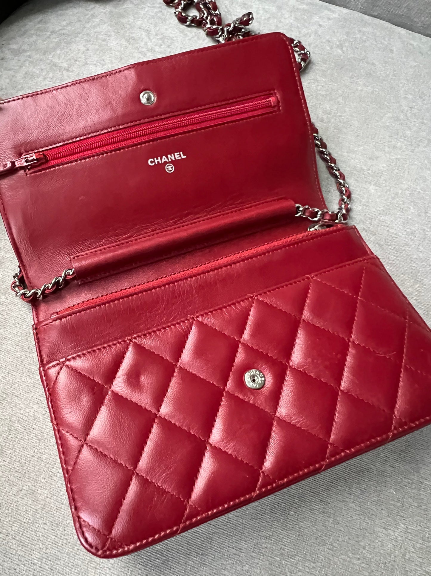 Chanel Red Lambskin Wallet on Chain
