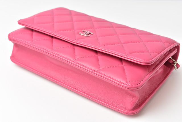 Chanel Lambskin Chain Wallet Shoulder Bag Pink Silver Hardware