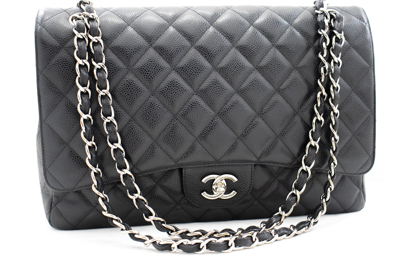 CHANEL Caviar Grained Calfskin Flap Chain Shoulder Bag Black 13"