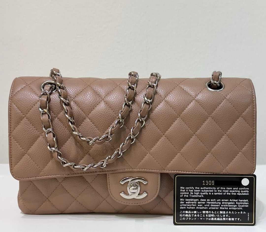 Chanel Medium Classic Caviar Double Flap Taupe SHW