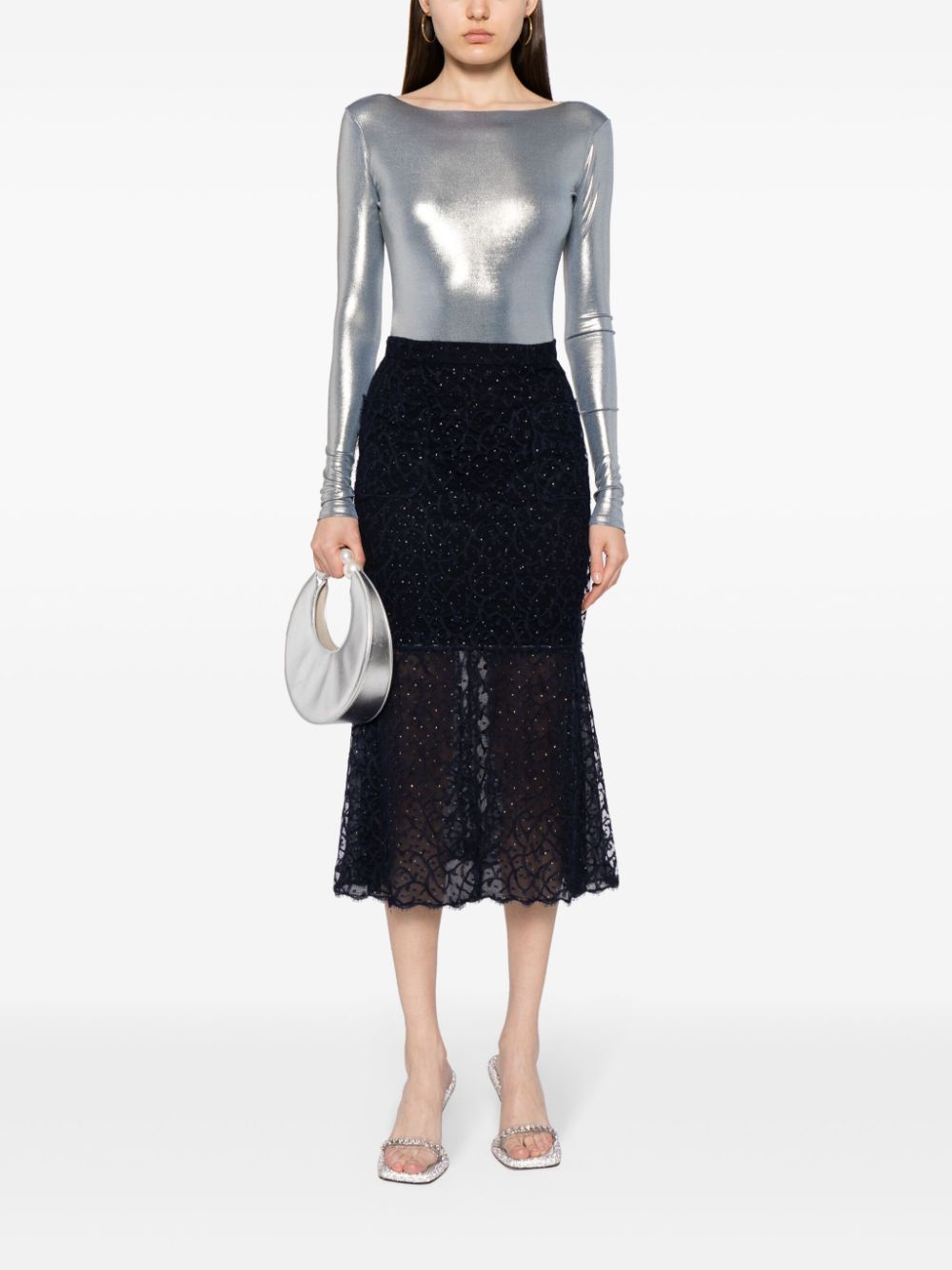 Rhinestone-embellished Lace Midi Skirt