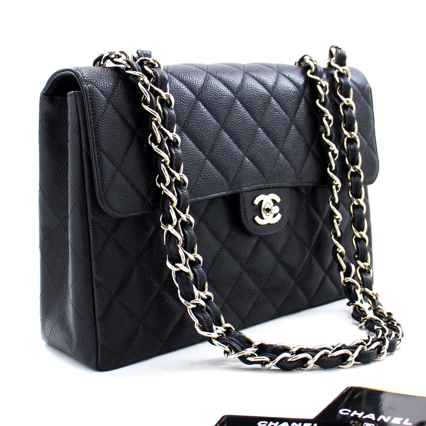 CHANEL Large Classic Handbag Chain Shoulder Bag Flap Black Caviar
