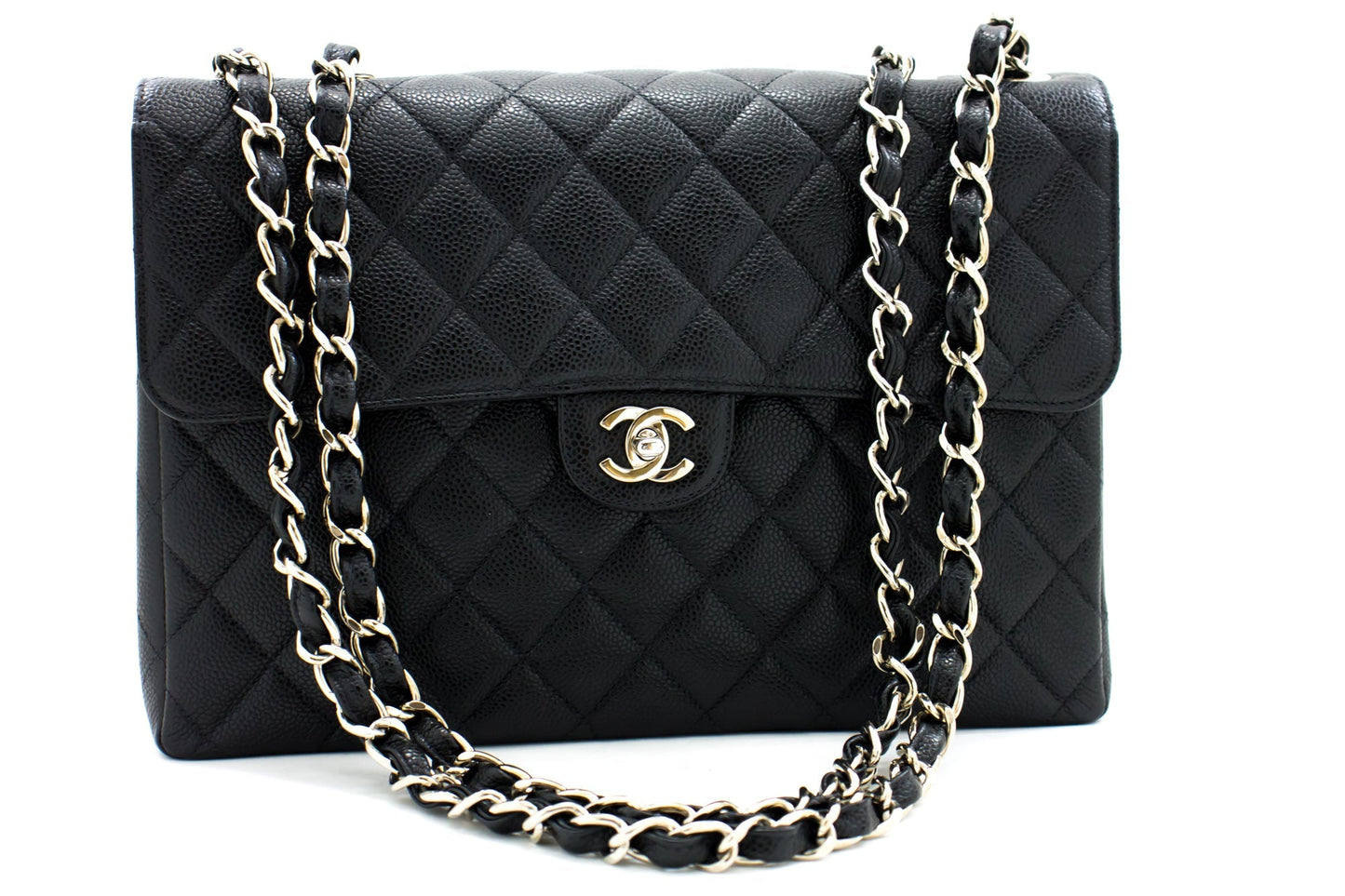 CHANEL Large Classic Handbag Chain Shoulder Bag Flap Black Caviar