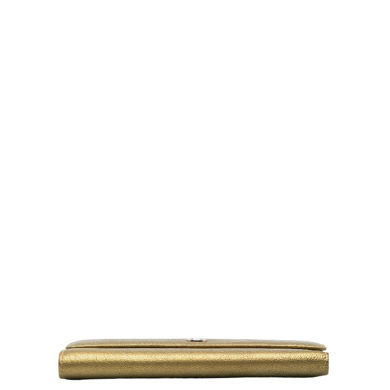 Chanel Leather Tri-Fold Wallet Metallic Khaki