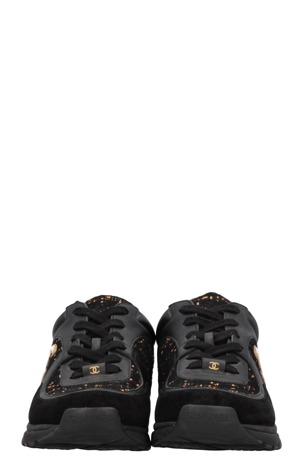 CHANEL Tennis Sneakers Tweed Black Gold
