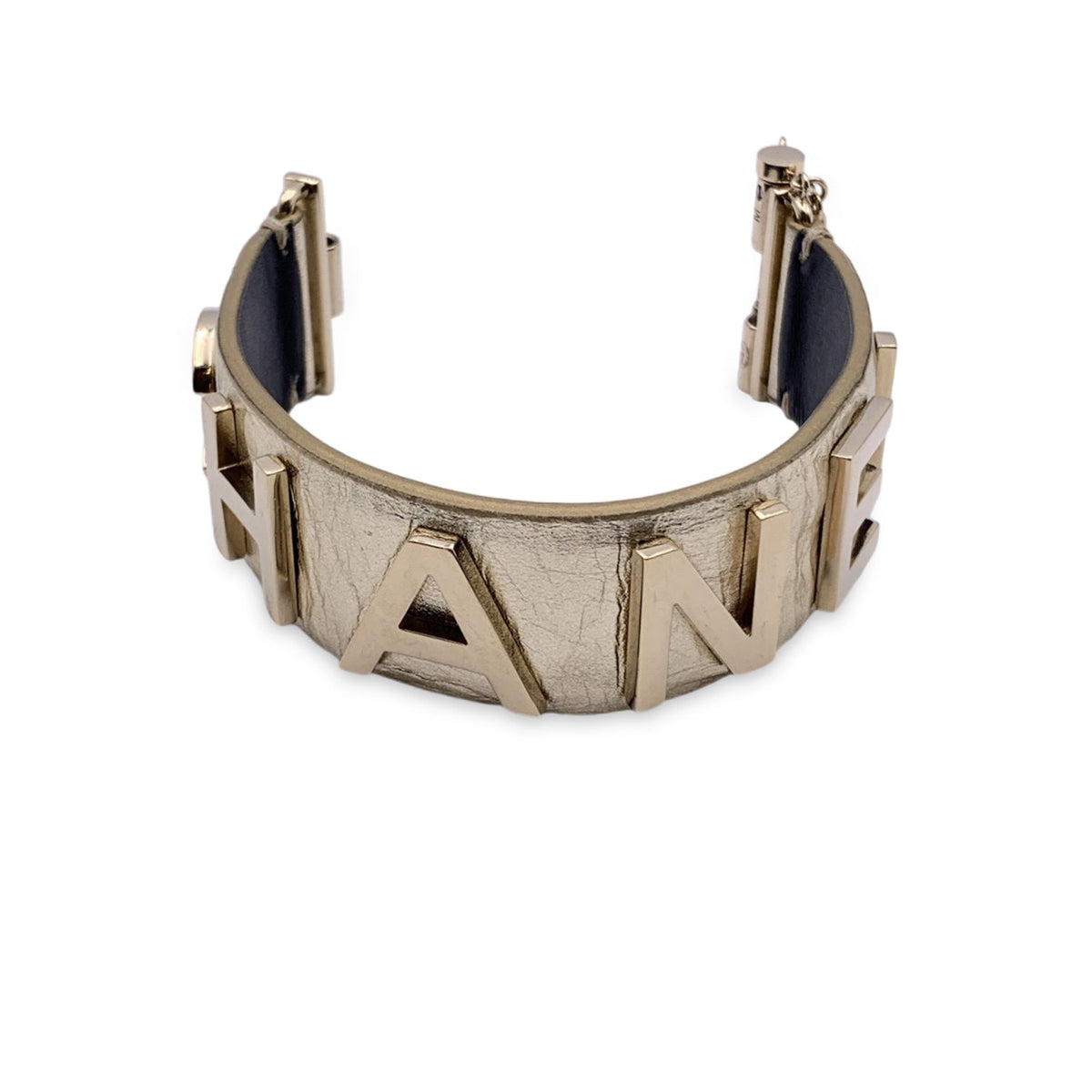 Top Quality Chanel Gold Metal Leather Logo Lettering Cuff Bracelet Size M