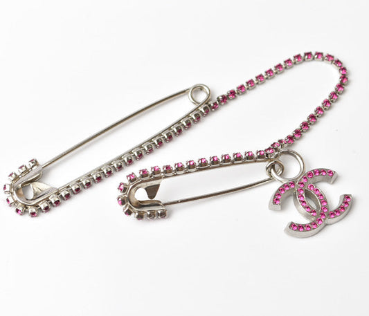 Chanel Brooch Coco Mark Rhinestone Silver Magenta