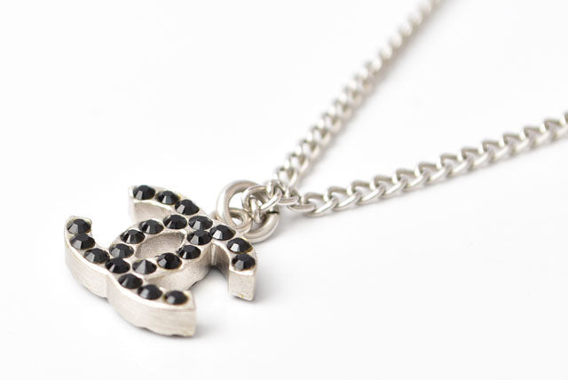 Chanel Necklace/Pendant, Metal, Rhinestone, Black/Silver, New