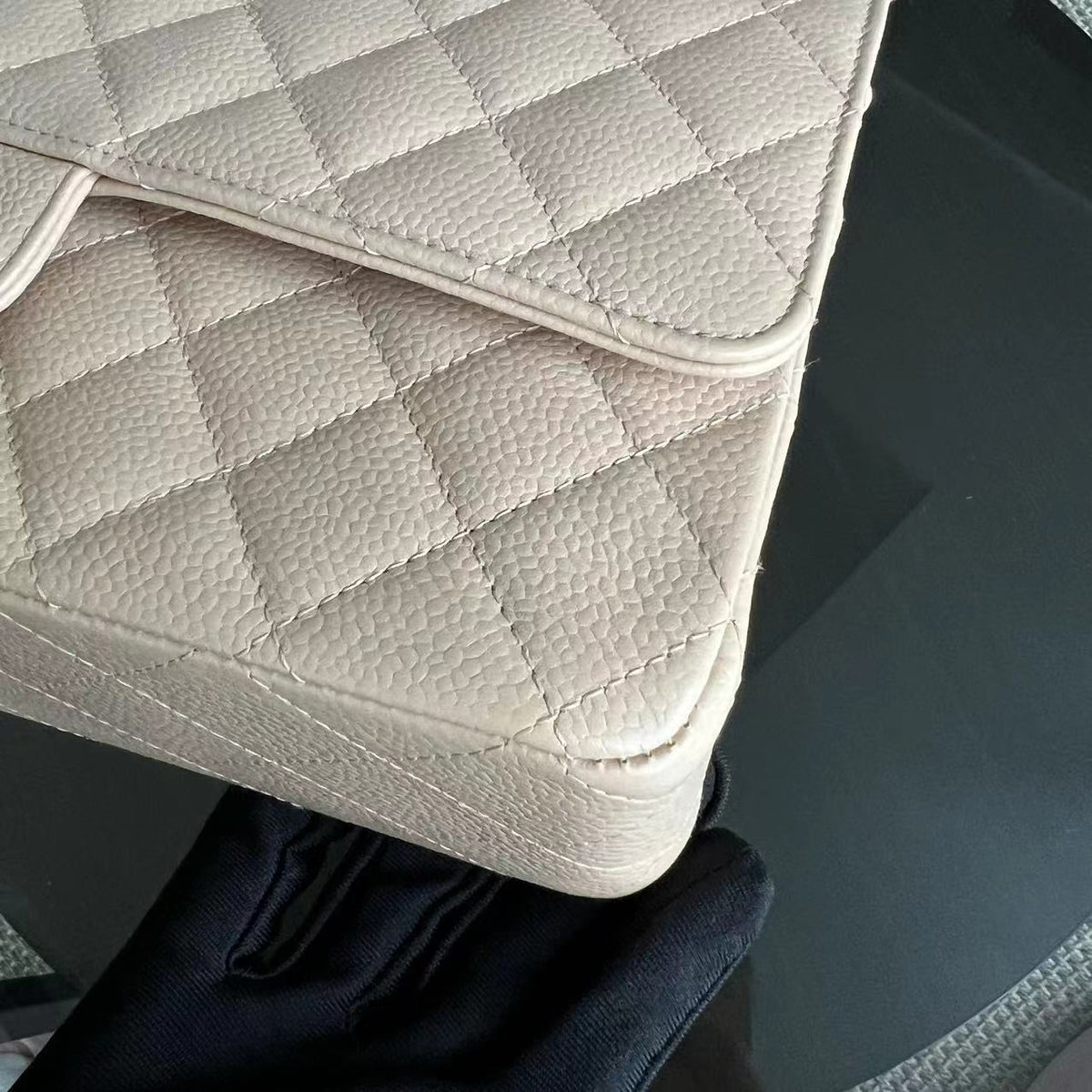 Caviar Double Flap Quilted Grained Calfskin Beige Golden Hardware Series 15
