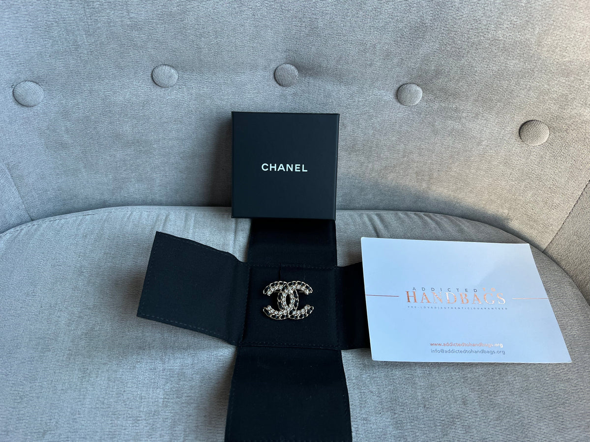 Chanel Leather Intwined & Crystal Encrusted CC Brooch