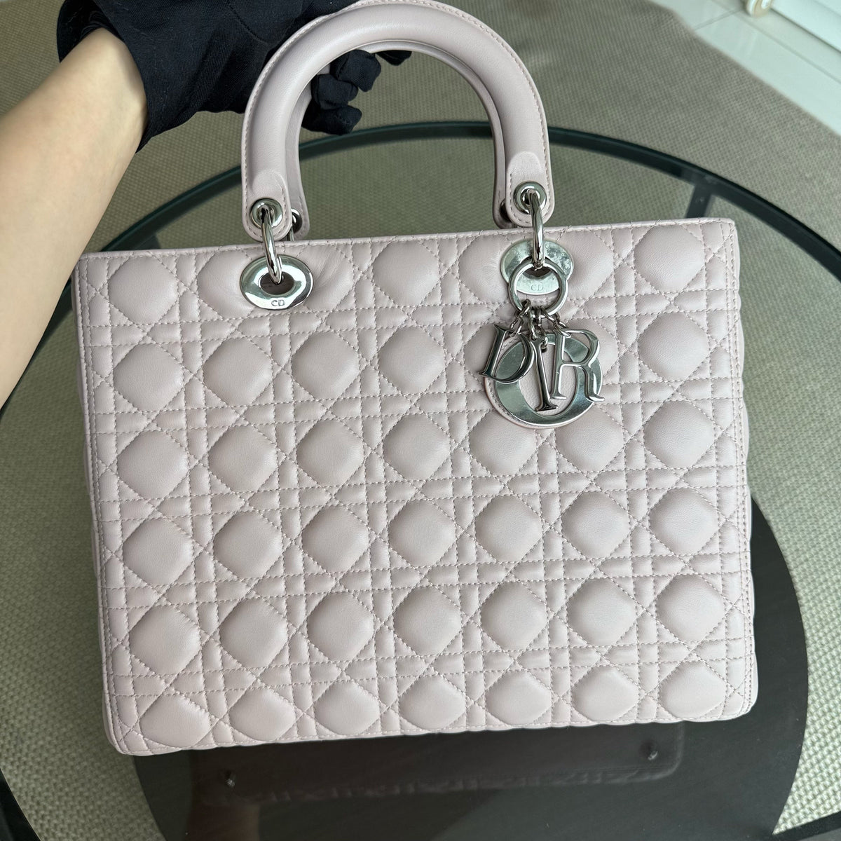 Dior Lady Large - Cannage Lambskin Light Pink Silver Hardware