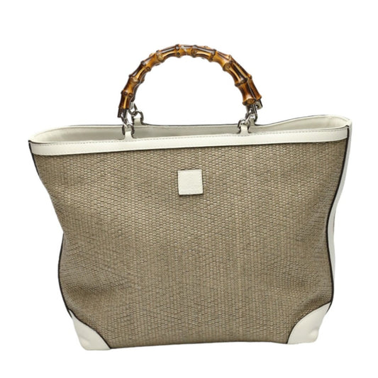GUCCI Handbag 311175 canvas Beige x white Handbag Straw leather Bamboo Shopper Women Used