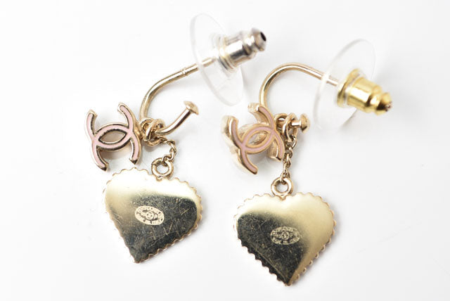 Chanel Swing Earrings CC Mark Heart Motif Pink Gold