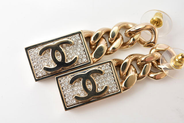 Chanel Swing Earrings CC Mark Rhinestone Champagne Gold
