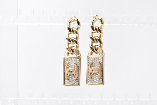 Chanel Swing Earrings CC Mark Rhinestone Champagne Gold