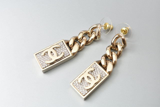 Chanel Swing Earrings CC Mark Rhinestone Champagne Gold