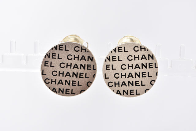 Chanel Silver Logo Print Round Plate Earrings