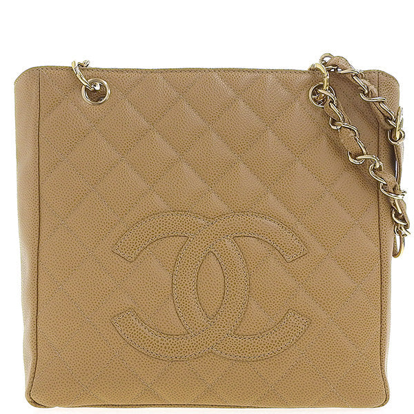 Chanel Around 2003 Made Caviar Skin Cc Mark Stitch Chain Tote Bag Beige