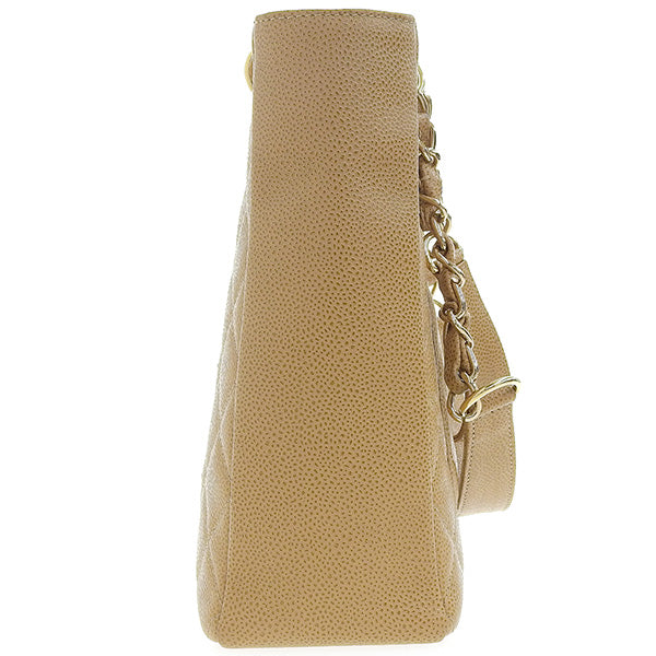 Chanel Around 2003 Made Caviar Skin Cc Mark Stitch Chain Tote Bag Beige