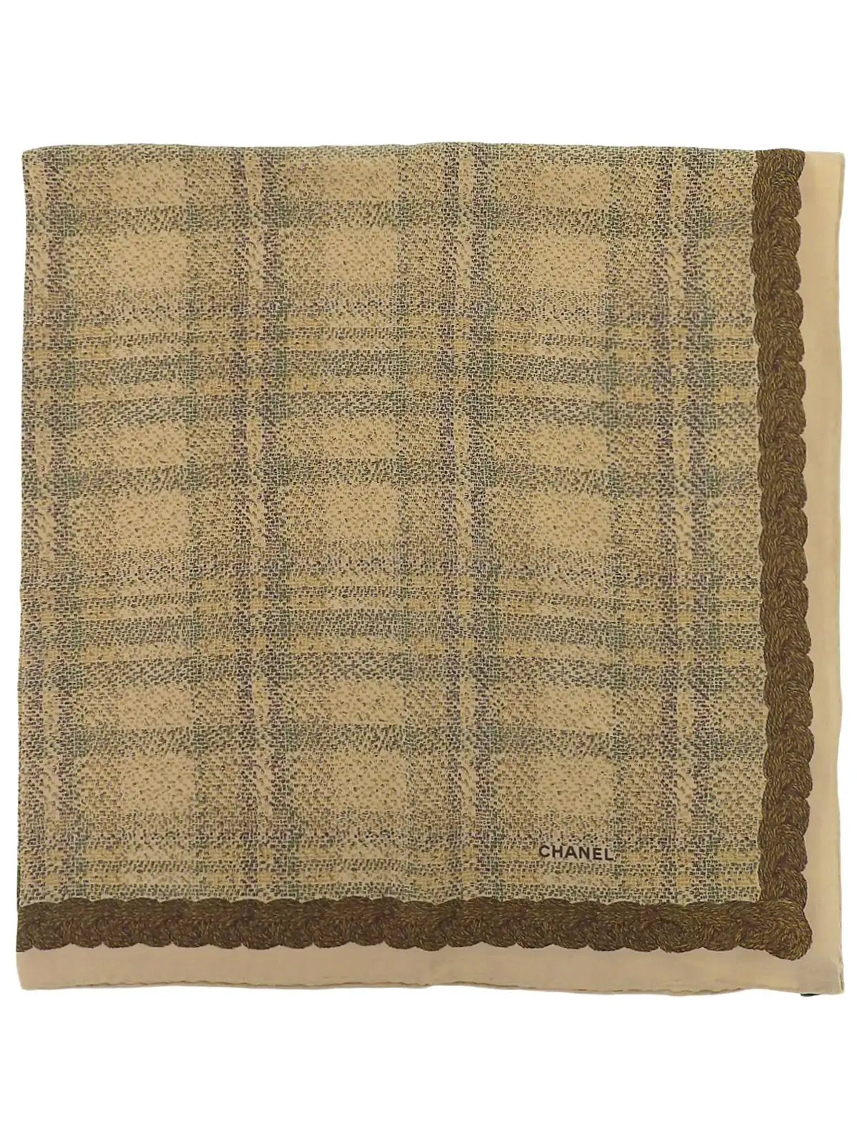 CHANEL Plaid Pattern Scarf Beige