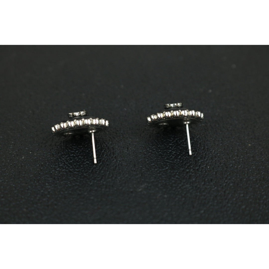 Excellent（Rank SA）｜ CHANEL Coco Mark Leather Rhinestone Earrings Silver｜F25022003