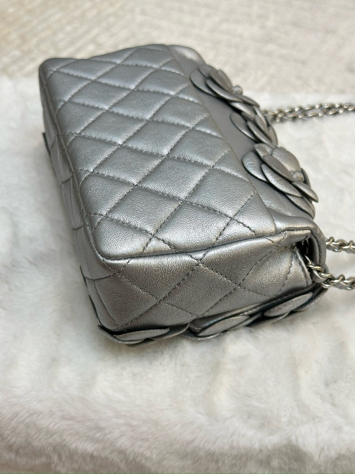 Chanel Mini Camellia Lambskin Shiny Silver SHW