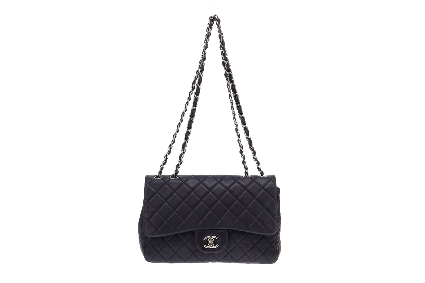Chanel 2009 Navy Washed Lambskin Single Flap Jumbo Silver Hardware 2008/09