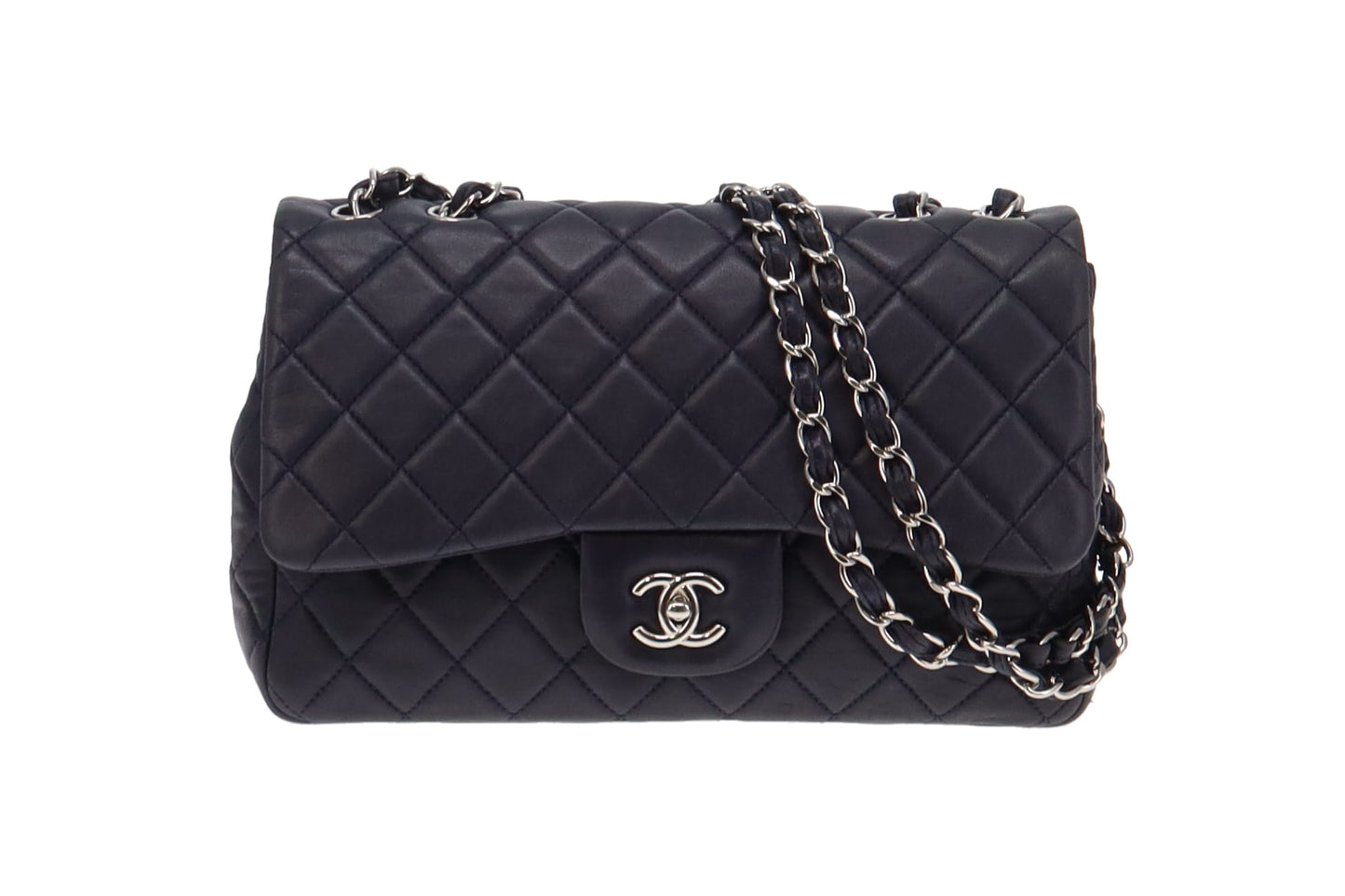 Chanel 2009 Navy Washed Lambskin Single Flap Jumbo Silver Hardware 2008/09