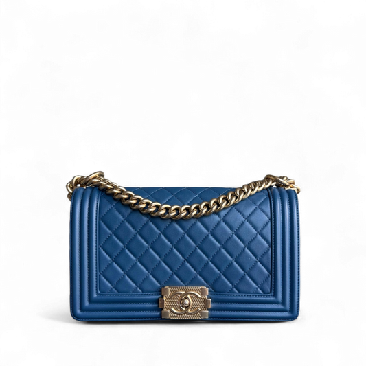 Chanel Boy Medium - 25CM Quilted Lambskin Blue Gold Hardware Limited Edition Gold Hardware Series 23