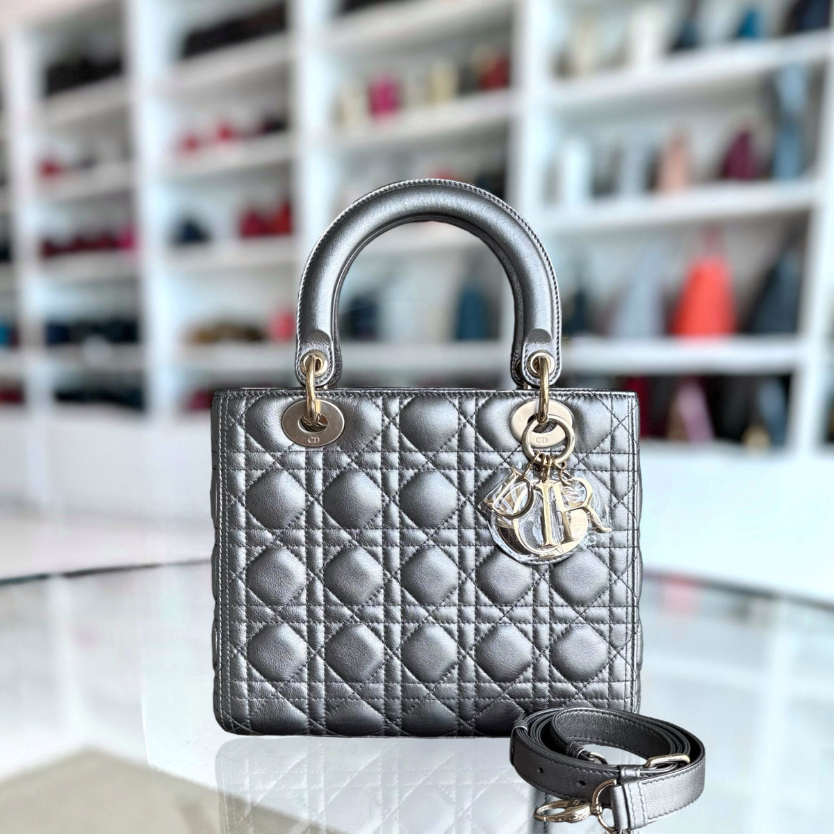 Dior Lady Medium - Cannage Calfskin Metallic Silver Gunmetal Gold Hardware Adjustable Strap