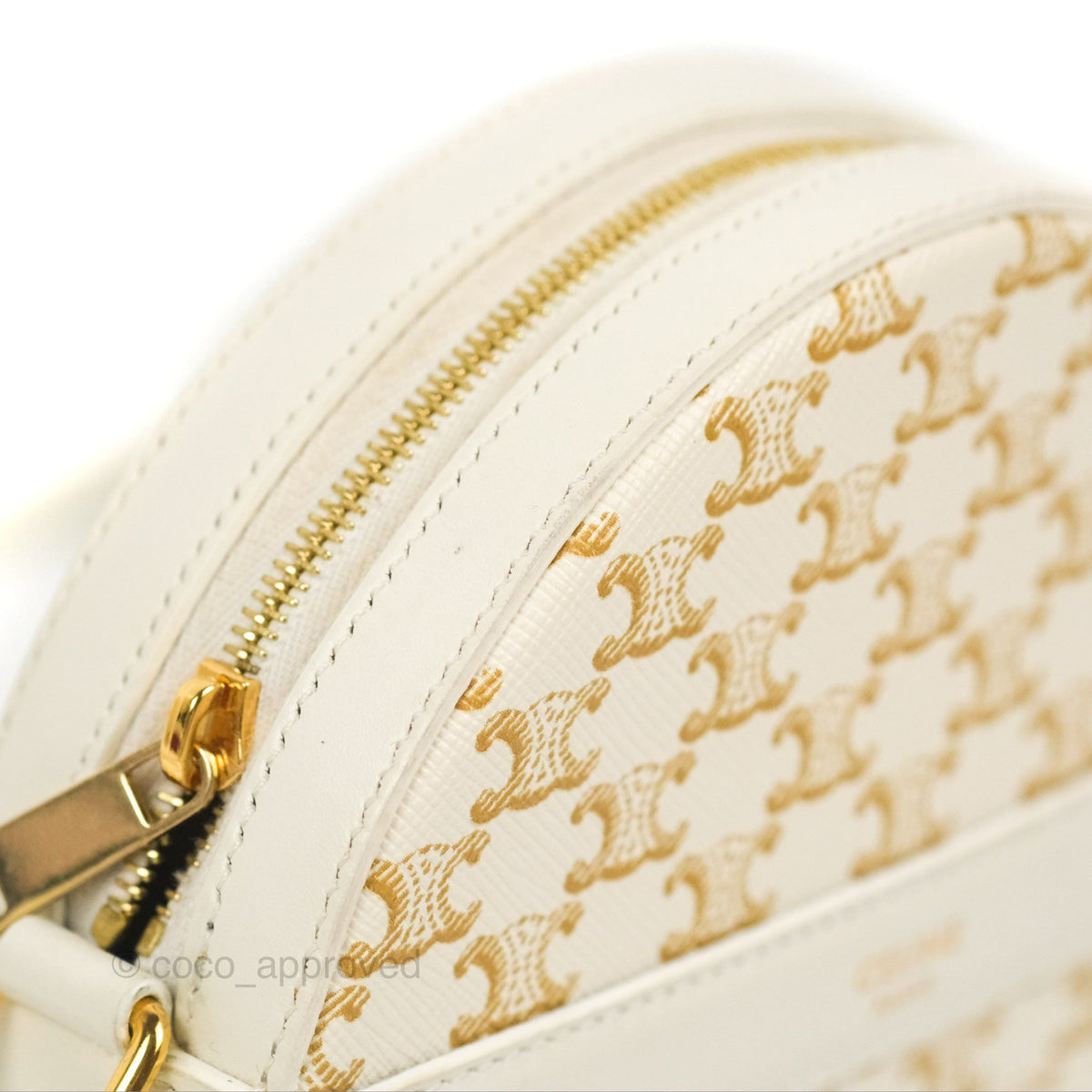 Celine Round Purse on Strap Triomphe Canvas White Calfskin