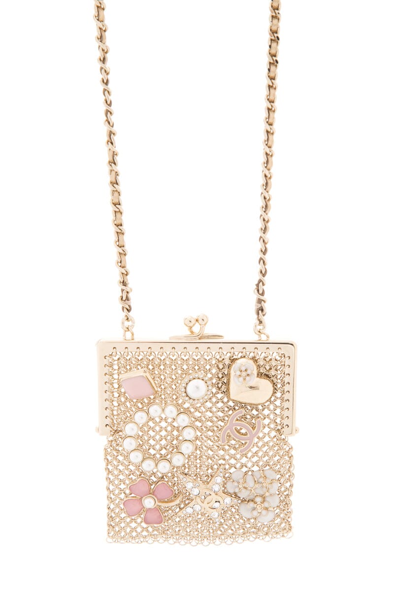Chanel Gold & Charm Embellished Frame Pouch Chain Necklace