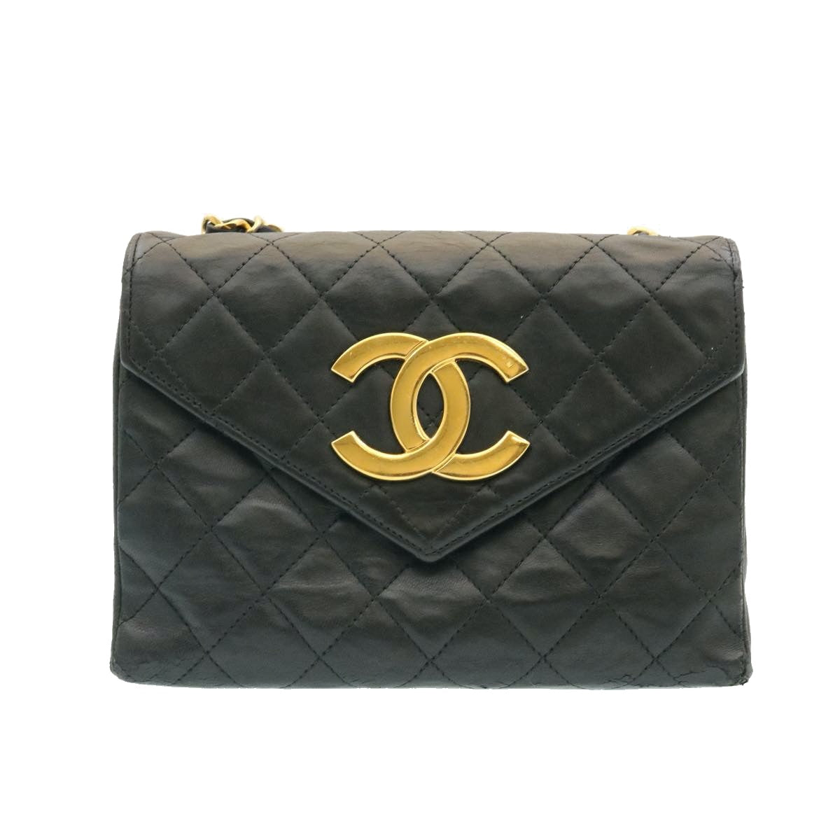 Top Quality Chanel Lamb Skin Matelasse Chain Shoulder Bag Black CC Auth 25810A