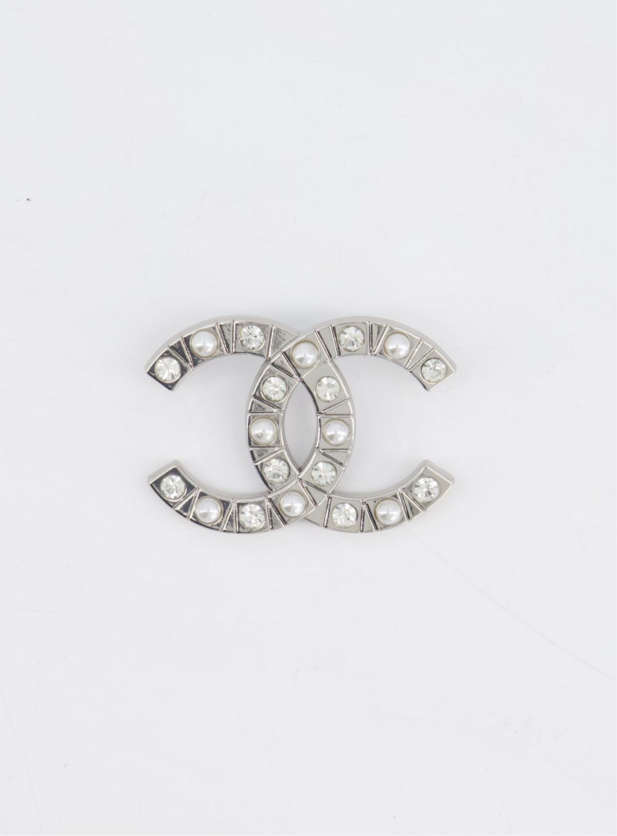Chanel Silver CC Logo Brooch with Pearl and Crystal Details