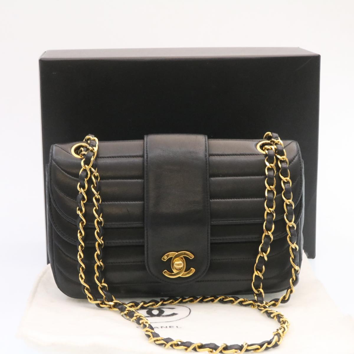 Top Quality Chanel Lamb Skin Double New Chain Shoulder Bag Black CC Auth 26207A