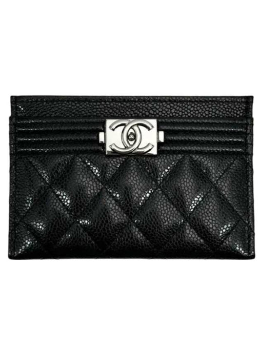 Boy Shining Silver Logo Caviar Card Wallet Black Chanel