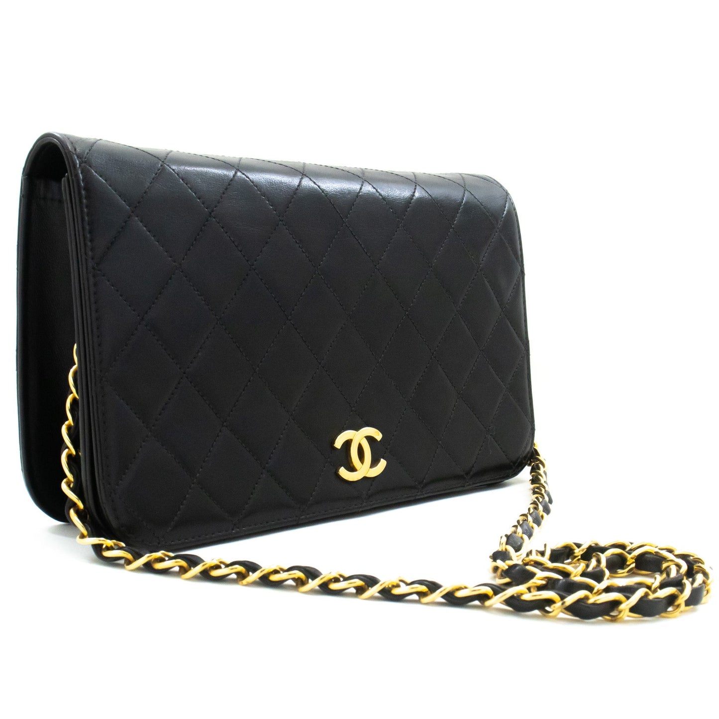 CHANEL Full Flap Chain Shoulder Bag Clutch Black Quilted Lambskin