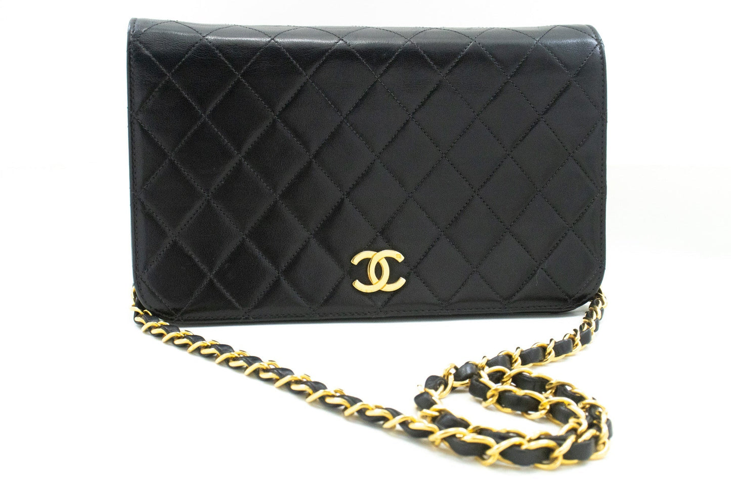 CHANEL Full Flap Chain Shoulder Bag Clutch Black Quilted Lambskin