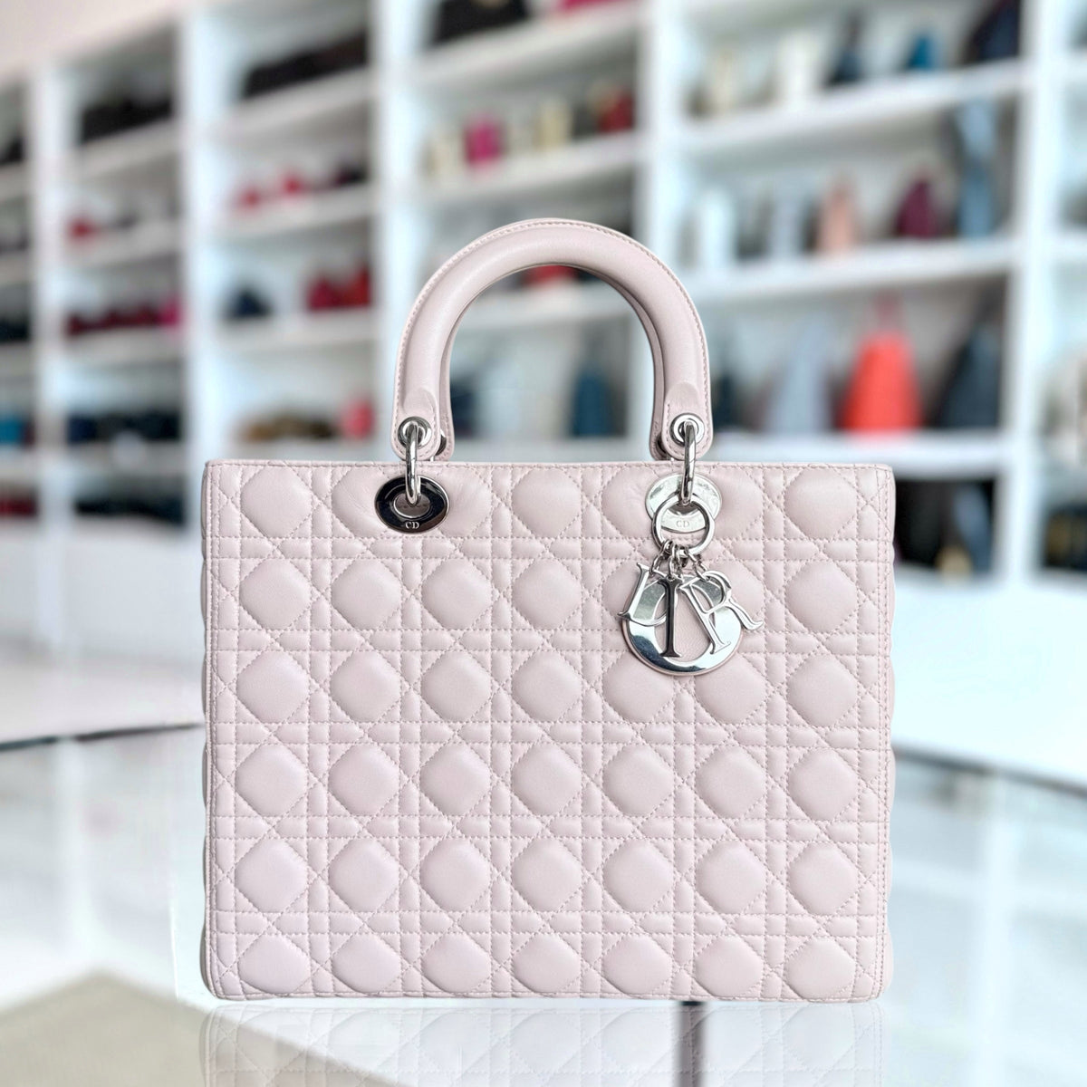 Dior Lady Large - Cannage Lambskin Light Pink Silver Hardware