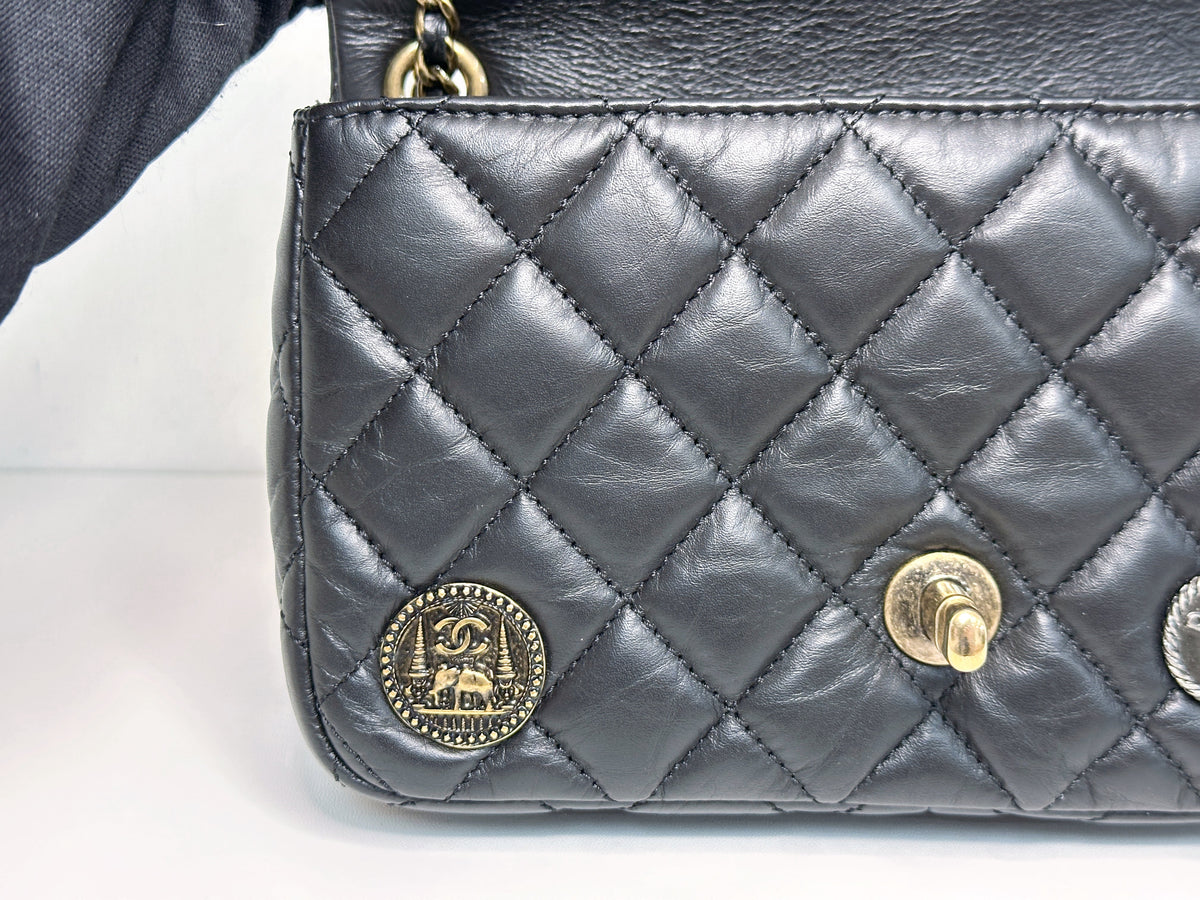 Chanel Mini Limited Edition Aged Calfskin Quilted Medallion Flap Black GHW 2063 holo card