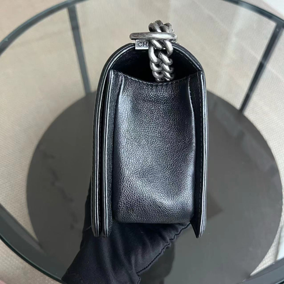 Calfskin Boy Old Medium 25CM Medium Quilted Black Ruthenium Silver Hardware Series 18