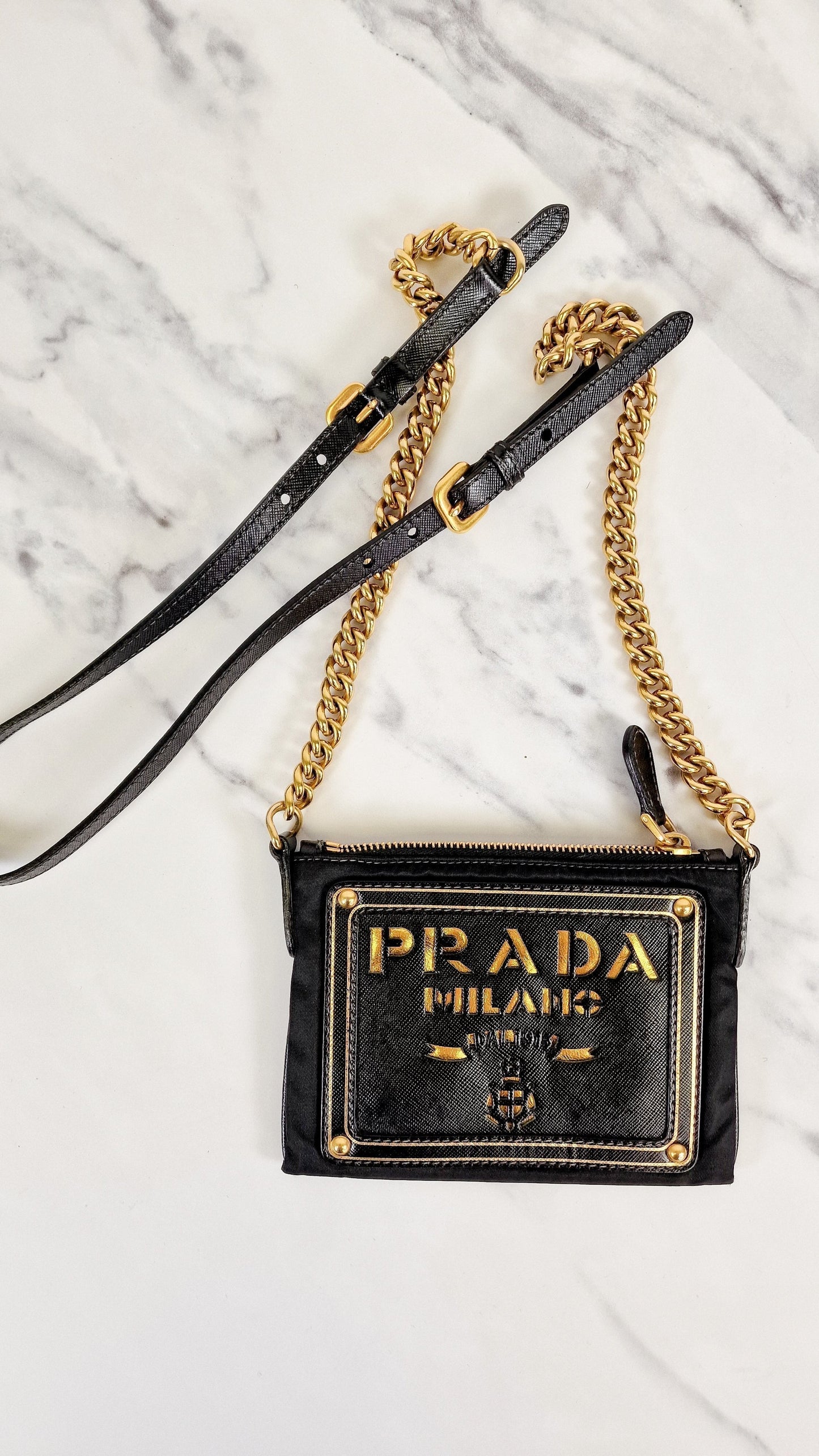 Rare Vintage Prada Black & Gold Tessuto Oro Nylon & Saffiano Leather Cut-Out Logo Crossbody Bag - Prada BT0606