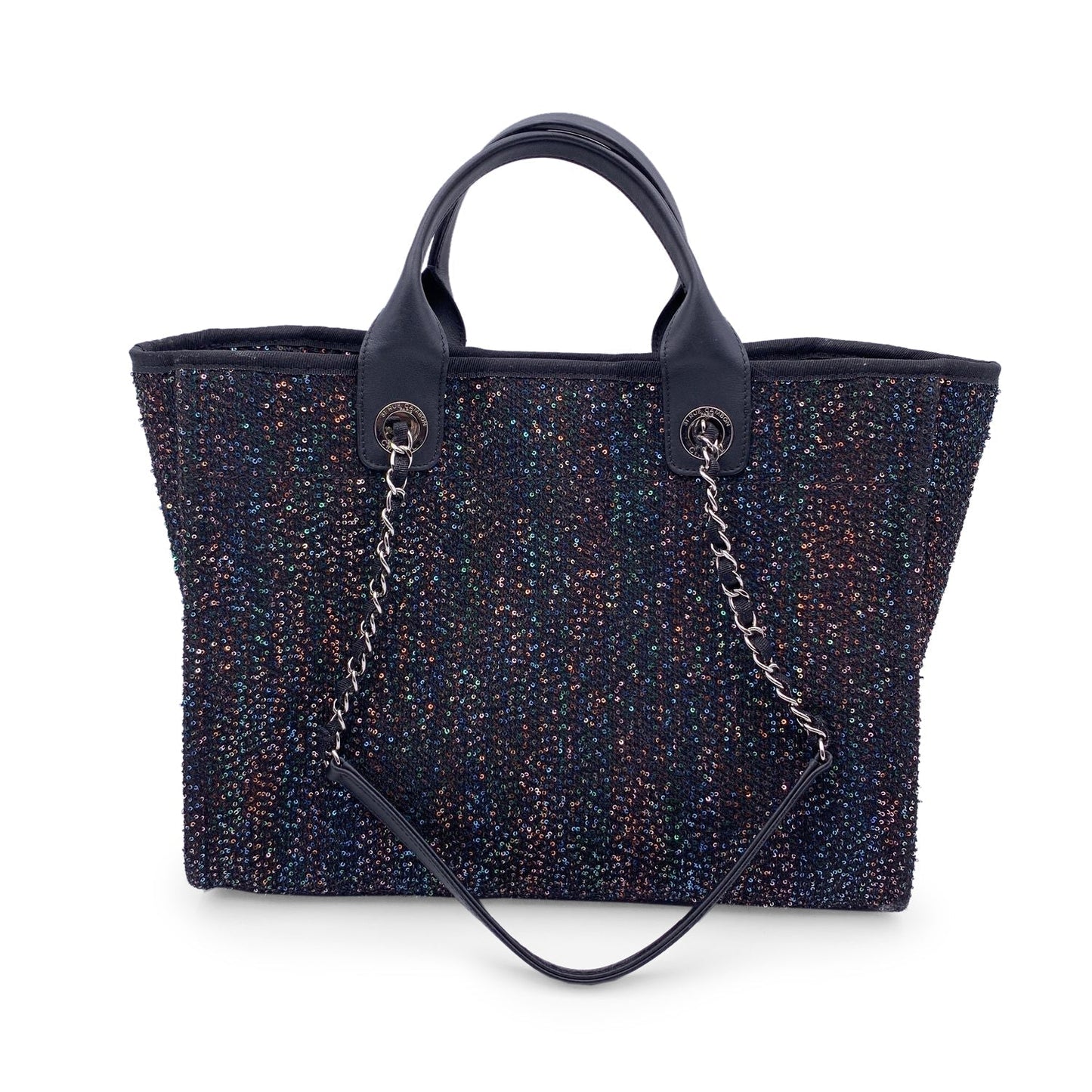 CHANEL Black Sequin Sparkle Canvas Medium Deauville Tote Bag
