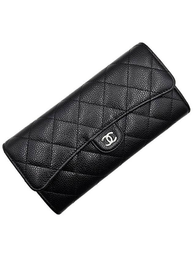 Silver Hardware Classic Caviar CC Logo Flap Long Wallet Black Chanel
