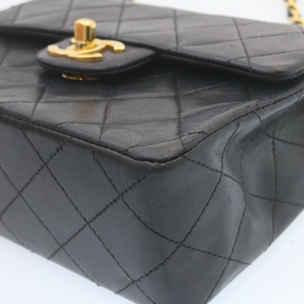 CHANEL Mini Matelasse Chain Flap Shoulder Bag Lamb Skin Black Gold Auth 28471A