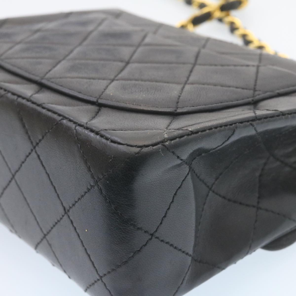 CHANEL Mini Matelasse Chain Flap Shoulder Bag Lamb Skin Black Gold Auth 28471A