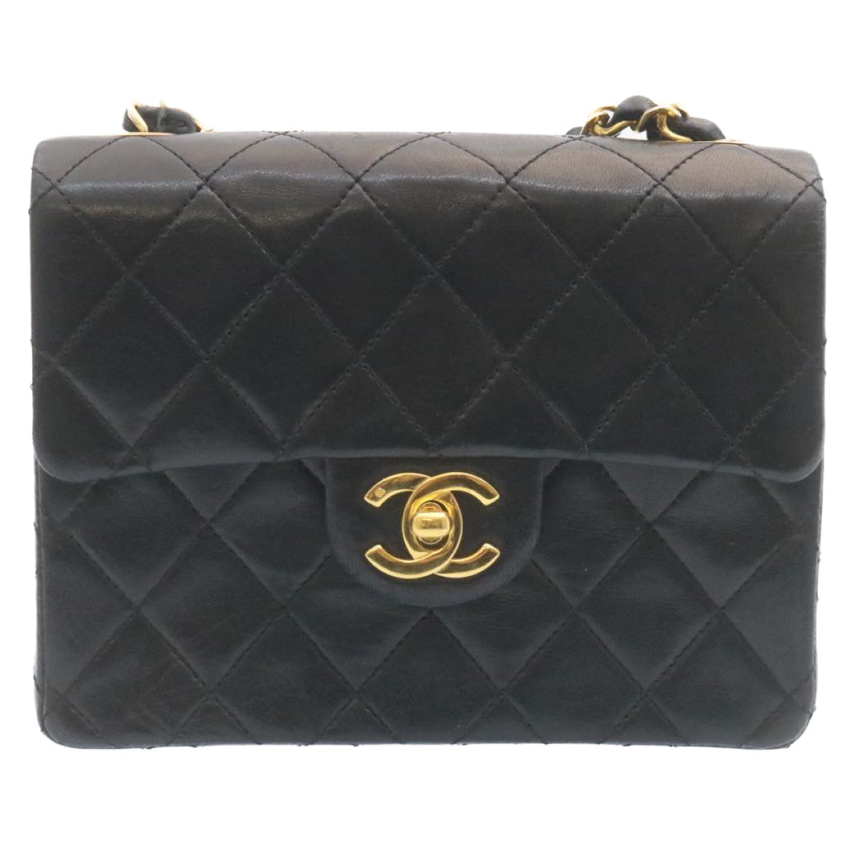 Top Quality Chanel Mini Matelasse Chain New Shoulder Bag Lamb Skin Black Gold Auth 28471A